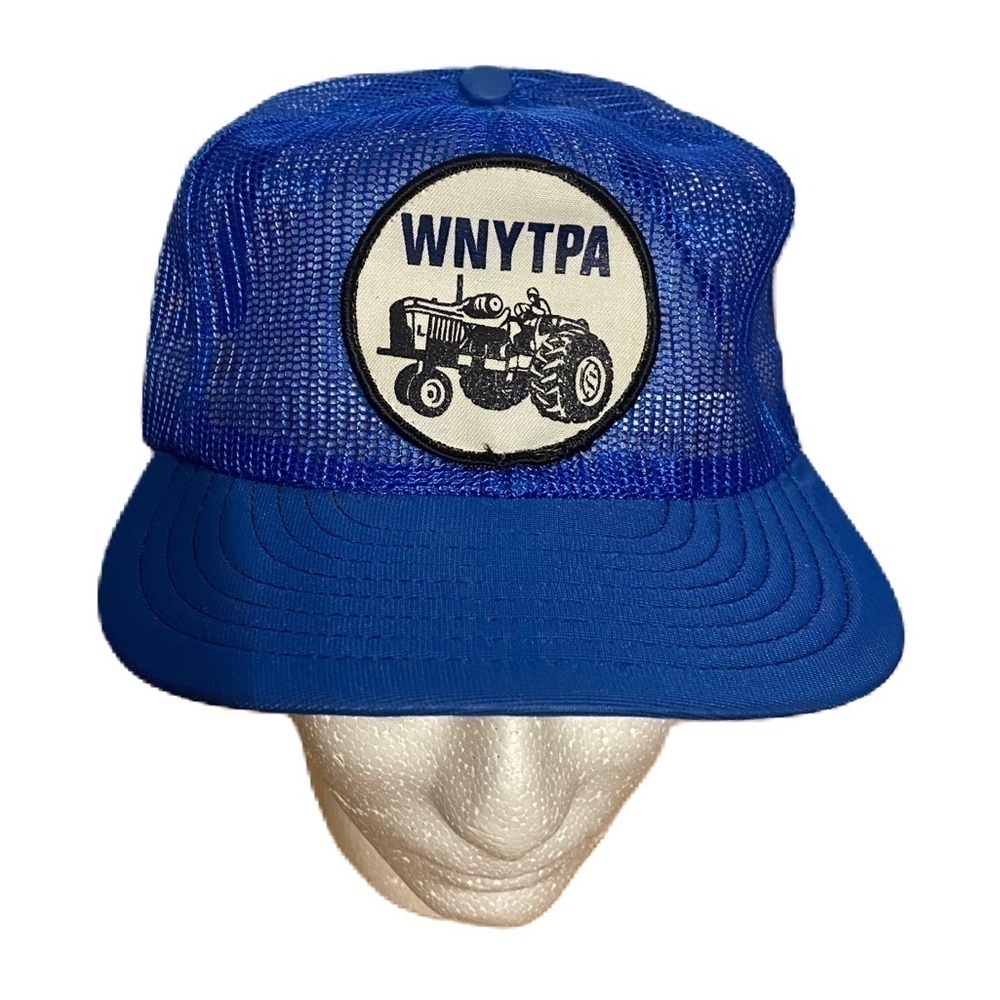 Vintage WNYTPA Patch Mesh Snap Back Trucker Hat Blue Made in USA Tractor Pull